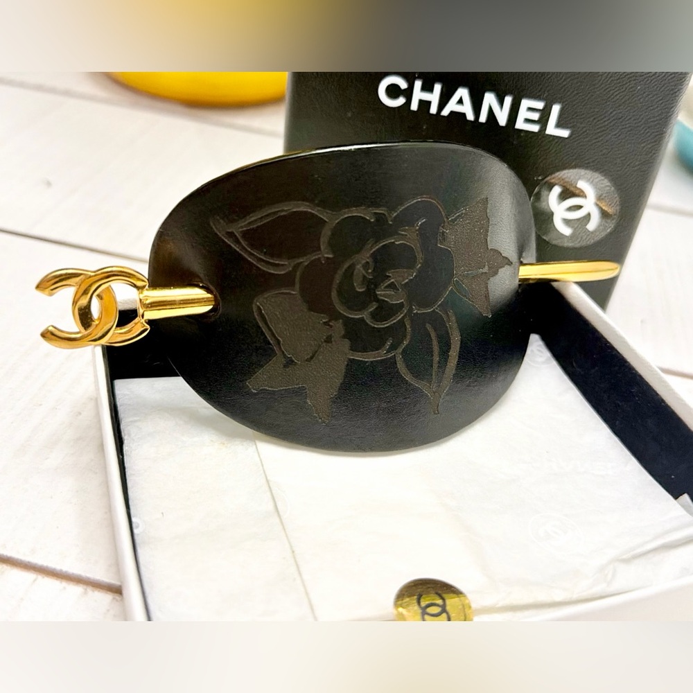 Chanel Vintage Gold Logo Black Leather Camellia Flower Hair Pin Accessory